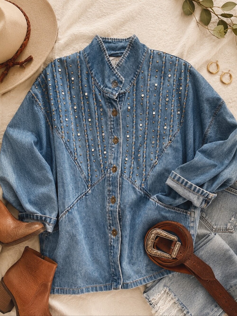 Vintage 90s Studded Denim Jacket Western Boho Embellished Jean Jacket Oversize